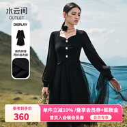 水云間黑色v領(lǐng)長(cháng)袖連衣裙女裝秋季新款2025針織拼接設計感氣質(zhì)網(wǎng)紗裙子 黑色 L