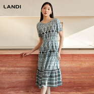 藍(lán)地（LANDI）波西米亞風(fēng)印花復(fù)古連衣裙女短袖收腰中長裙夏新品 葉綠色 S