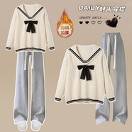 XIPR初中女生秋季套裝學(xué)院風(fēng)娃娃領(lǐng)毛衣兩件套中學(xué)生日系少女秋裝新款 白色毛衣+灰色加絨褲(套裝) M (建議90-105斤)