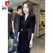 皮爾卡丹（pierre cardin）國際大牌小個(gè)子絲絨套裝裙女2025秋季新款感黑色顯瘦上衣+半身裙 黑色【上衣】 L 【90斤-105斤】