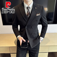 皮爾卡丹（pierre cardin）商務修身西服套裝男士春夏季新款呢料西裝三件套新郎結婚正裝禮服 SJT8338黑色三件套【西服+西褲+馬甲】 3XL