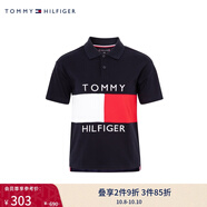 TOMMY HILFIGER春夏童裝男純棉休閑學(xué)院風(fēng)拼接色塊刺繡翻領(lǐng)短袖T恤POLO衫 藏青色002 6/120cm