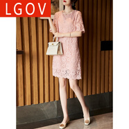 LGOV女裝旗艦店夏季2024年新款韓版遮肉顯瘦胖M鏤空蕾絲時(shí)尚大女碼直筒連衣裙女 藕色 XL
