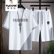 啄木鳥(niǎo)短袖t恤男夏季寬松男裝衣服潮休閑情侶春秋季體恤短褲兩件套夏裝 636白色t恤＋短褲 L