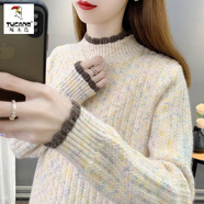 啄木鳥(niǎo)羊毛衫女加絨加厚半高領(lǐng)毛衣女秋冬季新款寬松洋氣保暖針織打底衫 杏色【不加絨】 M 建議95-110斤