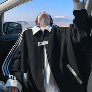 普戈斯美式學(xué)院風(fēng)休閑開衫衛(wèi)衣男秋冬加厚學(xué)生條紋情侶百搭運(yùn)動(dòng)夾克外套 W5089黑色 M 90-110斤