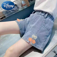 迪士尼（Disney）女童牛仔短褲2024夏季新款兒童高腰彈力中大童寶寶洋氣寬松熱褲薄 花朵蝴蝶結(jié)-短褲【高彈力】 140
