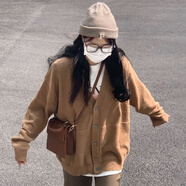 巧除復古卡其色老虎刺繡毛衣外套女學(xué)生秋冬新款寬松百搭外穿針織開(kāi)衫 卡其色開(kāi)衫 L