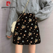 皮爾卡丹小碎花刺繡半身裙冬天配毛衣a型高腰包臀裙黑色顯瘦遮胯短裙秋冬 黑色 XL