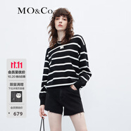 MO&Co.【美麗諾綿羊毛】學院風黑白條紋MC刺繡寬松毛衣針織衫摩安珂 黑白條色-第2批 M 165