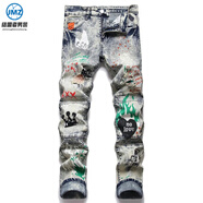 結盟者春夏復古拼接破洞貼布牛仔褲男士刺繡修身小腳褲男彈力繡花長(cháng)褲子 SS_3353 38