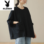 花花公子（PLAYBOY）今年流行大口袋衛(wèi)衣女士180斤顯瘦遮肚大碼小個子秋冬設計感上衣 黑色 純色款 M 建議115斤內