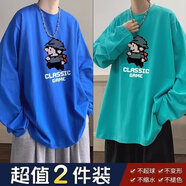 舍里甲人長(zhǎng)袖T恤男夏季潮牌寬松印花體恤青少年休閑大碼黑色打底衫春秋男t 克萊因藍(lán)+湖藍(lán)【兩件裝】S2112 XL
