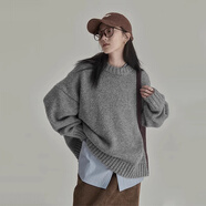 斤慕復古圓領套頭寬松毛衣女秋冬慵懶風純色百搭時尚外穿內搭打底加厚 灰色圓領套頭毛衣 【M】碼