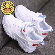 G.duck小黃鴨兒童小白鞋秋冬皮面防水男女童休閑鞋軟底運動(dòng)鞋黑色耐臟鞋 LT-白藍988（皮面） 35 內長(cháng)22.5cm