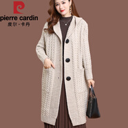 皮爾卡丹（pierre cardin）2025針織開(kāi)衫女士中長(zhǎng)款春秋新款加厚大|衣寬松連帽保暖毛衣外套 杏色 XL 建議115-130斤