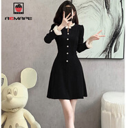 AEMAPE燈芯絨收腰紅色連衣裙女2025春秋冬新款小個(gè)子改良旗袍女裙子新年 黑色 XL