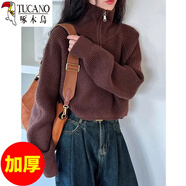 啄木鳥(niǎo)（TUCANO）美式復古毛衣女2025冬季新款外搭甜酷風(fēng)蝙蝠袖半拉鏈休閑套頭上衣 咖色(加.厚) M 【90-105斤穿】