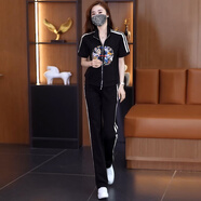 歌梵黎（GEFANLI）中式國風(fēng)休閑運(yùn)動套裝女胖mm洋氣減齡刺繡上衣大碼女裝夏季兩件套 黑色 2XL 【建議135-155斤】