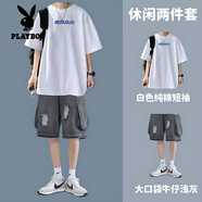花花公子（PLAYBOY）純棉短袖t恤男生套裝港風(fēng)夏季休閑穿搭配牛仔短褲兩件套潮流 白色上衣+黑色牛仔短褲 M 建議80-105斤