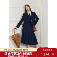 獨束大碼女裝學(xué)院風(fēng)減齡西裝時尚套裝文藝復(fù)古春季新款微胖mm半裙 藏青色-外套 L
