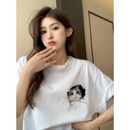 以純A21美式復(fù)古潮牌短袖T恤女純棉2024新款夏季寬松設(shè)計(jì)感小眾半袖上 A085【趴窗貓】白色【牛奶絲面料 3XL