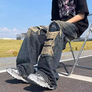 衣然呈品黃泥色牛仔褲男復(fù)古寬松闊腿直筒拖地潮牌休閑百搭褲子男夏季新款 藍色破洞款 L 【建議105-125斤】