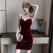 展緣店女裝工作服晚宴會(huì )氣質(zhì)小禮服性感V領(lǐng)金絲絨抹胸吊帶連衣裙 酒紅色 S