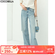 COCOBELLA水洗磨白破洞牛仔褲女寬松休閑直筒闊腿褲DN75-2 牛仔藍 M
