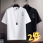 未盟冰絲感2024夏季新款短袖男士潮流潮牌ins寬松半袖男生衣服短袖t恤 098黑色+白色【兩件裝】 2XL 【建議120-135斤】