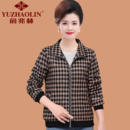 俞兆林（YUZHAOLIN）媽媽春裝薄款格子外套洋氣中老年女裝春秋款時尚短款夾克衫上衣 2號色 黑格 XL (參考90-105斤)