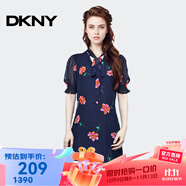 唐可娜兒（DKNY）【京東奧萊】夏季新款印花雪紡連衣裙女時(shí)尚收腰顯瘦氣質(zhì)短袖DD2A 黑色 M