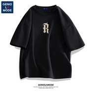 GENIOLAMODE短袖男士t恤純棉寬松美式潮流衣服男生半袖圓領(lǐng)正肩休閑夏季體恤 黑色(復(fù)古字體中標(biāo)) XL (180)
