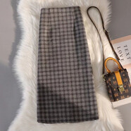 秋冬加厚毛呢格子半身裙女2024新款高腰A字包臀裙過(guò)膝開(kāi)叉中長(cháng)裙 灰色 L  建議106-118斤