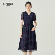 深呼吸DEEP BREATH女裝法式V領(lǐng)網(wǎng)紗彈力松緊腰印花連衣裙A500294 藍(lán)花 L (4)