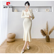皮爾卡丹（pierre cardin）氣質(zhì)修身針織連衣裙女秋冬內搭毛衣裙設計感法式顯瘦包臀裙 米白色 L 建議115-125體重