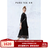 茶·愫【蕾絲美學(xué)】puretea茶愫盤扣立領(lǐng)連衣裙女撞料蕾絲裙2024夏新款 石墨黑 M