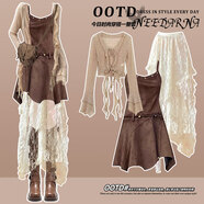 右小姐川西北新疆旅行美拉德穿搭阿爾忒彌斯裙女秋波西米亞廢土風(fēng)連衣裙 咖色吊帶裙+杏色半身裙+卡其開(kāi)衫冷淡系獨特別致裙子/ S