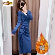初徑針織連衣裙女2025秋冬港味氣質(zhì)交叉V領(lǐng)系帶修身顯瘦打底毛線(xiàn)裙子 藍色【加厚不加絨-適合冬天穿】 S【建議95斤以?xún)却?
                                         title=