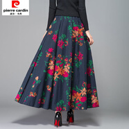 皮爾卡丹春夏棉麻半身裙長裙女2025新款高腰復古大擺碎花亞麻長裙大碼舞裙 藍底百合花 棉麻長裙 M