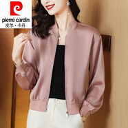 皮爾卡丹（pierre cardin）23年新款重磅真絲短外套女春秋寬松短款桑蠶絲夾克棒球服長袖上衣 深皮粉 3XL 【130-145斤】