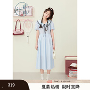 紫涵（ZIHAN）紫涵翻領(lǐng)短袖收腰連衣裙女2025年夏季新款學(xué)院風(fēng)甜美溫柔a字長裙 藍(lán)條 S