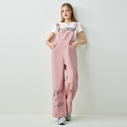 樂(lè )町涂鴉休閑工裝背帶褲20春季新品街頭百搭連體褲寬松褲子 粉色（預售） XS