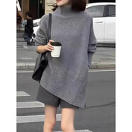 咔斑搭配鯊魚(yú)褲的遮臀毛衣高領(lǐng)開(kāi)叉毛衣女秋冬大碼百搭中長(cháng)款打底上衣 灰色優(yōu)質(zhì)版[冬季流行風(fēng)格/入秋 2XL 建議132-148斤