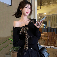妙奕嘉黑色一字肩斜肩純欲風(fēng)上衣辣妹春季衣服女裝露肩顯瘦大碼性感打底 豹紋系帶斜肩辣妹露肩上衣 S 【建議95斤以內(nèi)】