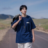 Shelley Jones 短袖t恤男夏季新款字母印花男生純棉中袖衣服白色圓領(lǐng)五分袖體恤 藏青色 XL [建議125-145斤]