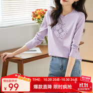 熙世界長(cháng)袖T恤女2025春季新款民族風(fēng)復古刺繡百搭寬松圓領(lǐng)體恤衫 紫芒色 L