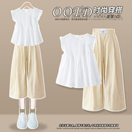 小豬彼特女童夏裝套裝2025新款夏季洋氣穿搭夏款大童兒童衣服女孩時髦童裝 9992白色+18485淺卡其色【套裝】 130 cm