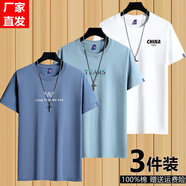 霧卡【純棉3件裝】短袖T恤男純棉圓領(lǐng)印花打底青年半袖男裝夏季體恤衫 【3件】小CH白+TAL霧藍(lán)+倒W湖藍(lán) XL /130-150斤