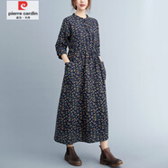 皮爾卡丹（pierre cardin）春秋新款文藝大碼盤(pán)扣抽繩收腰寬松顯瘦中長(cháng)款碎花棉麻連衣裙 藏青色 L 【建議115-130斤】